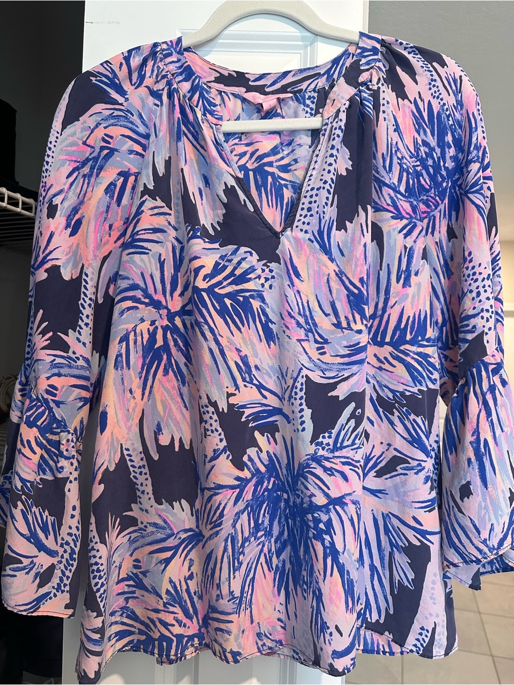 Lilly Pulitzer Palm-Print V-Neck Blouse - Pink & Blue 100% Silk